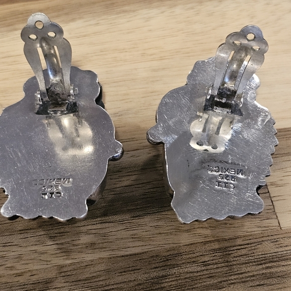 Vintage Sterling Mexico Sterling Turquoise Floral Large Clip-On Earrings - Picture 4 of 8